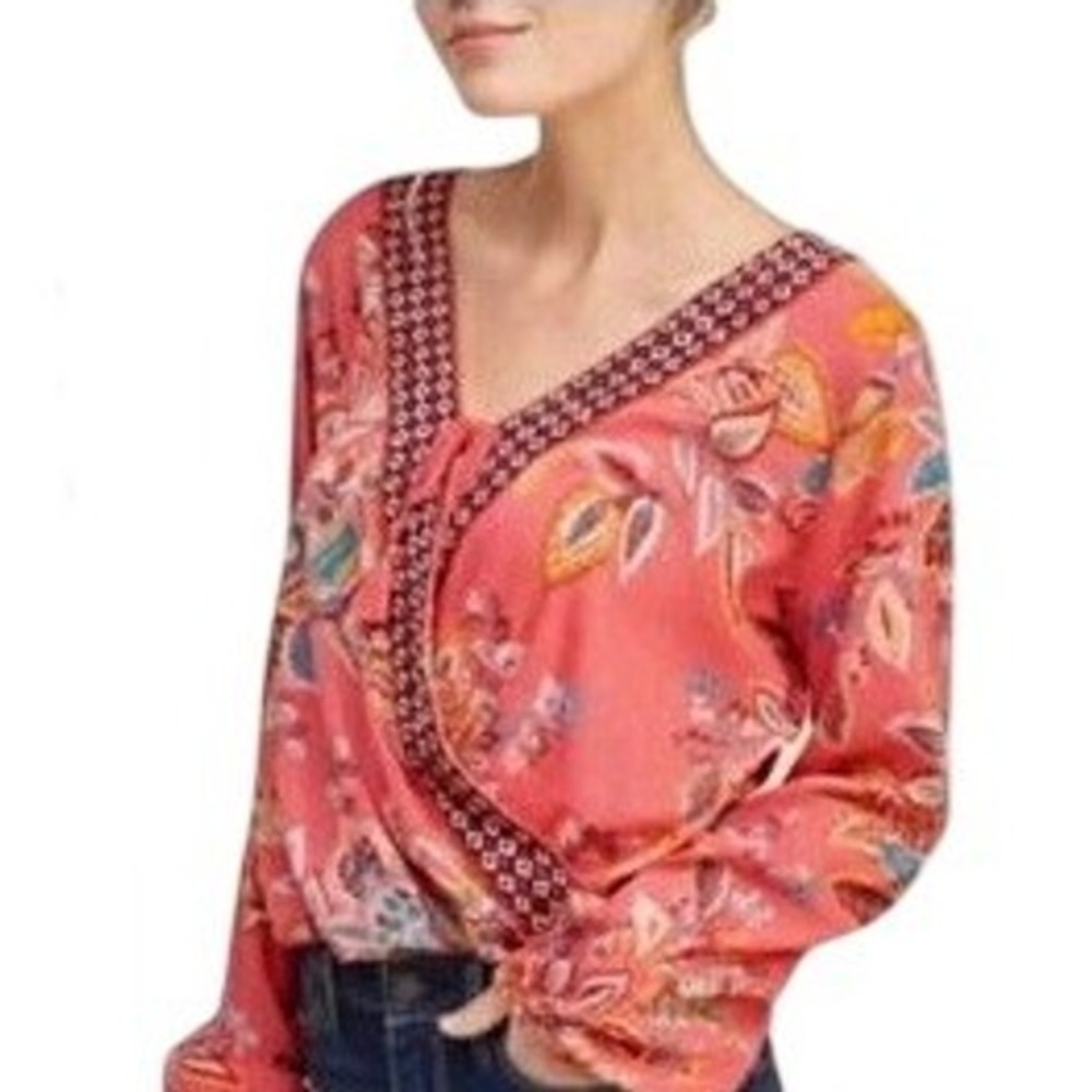 Hollister Pink Floral Boho Crossover Long Sleeve Blouse Tassel Ties Size Small‎